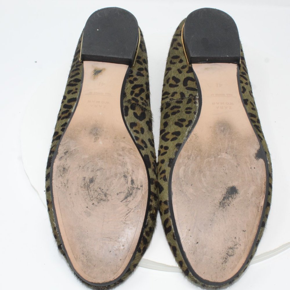 Zara Women Sz 10.5M Pony Hair Leather Green Leopard Print Studded Ballet Flats - Picture 8 of 9